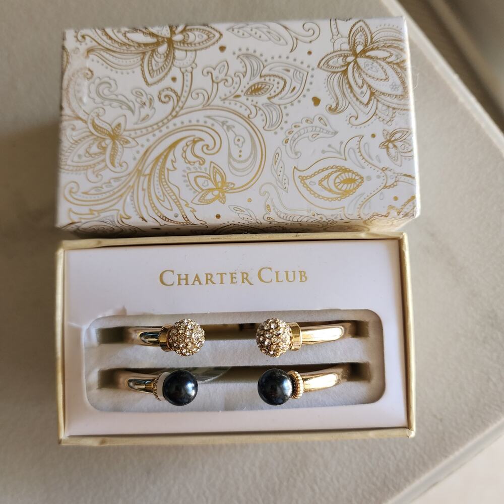 Charter Club Set of 2 Hinged Gold Tone Cuff Style Bracelets Classic Office